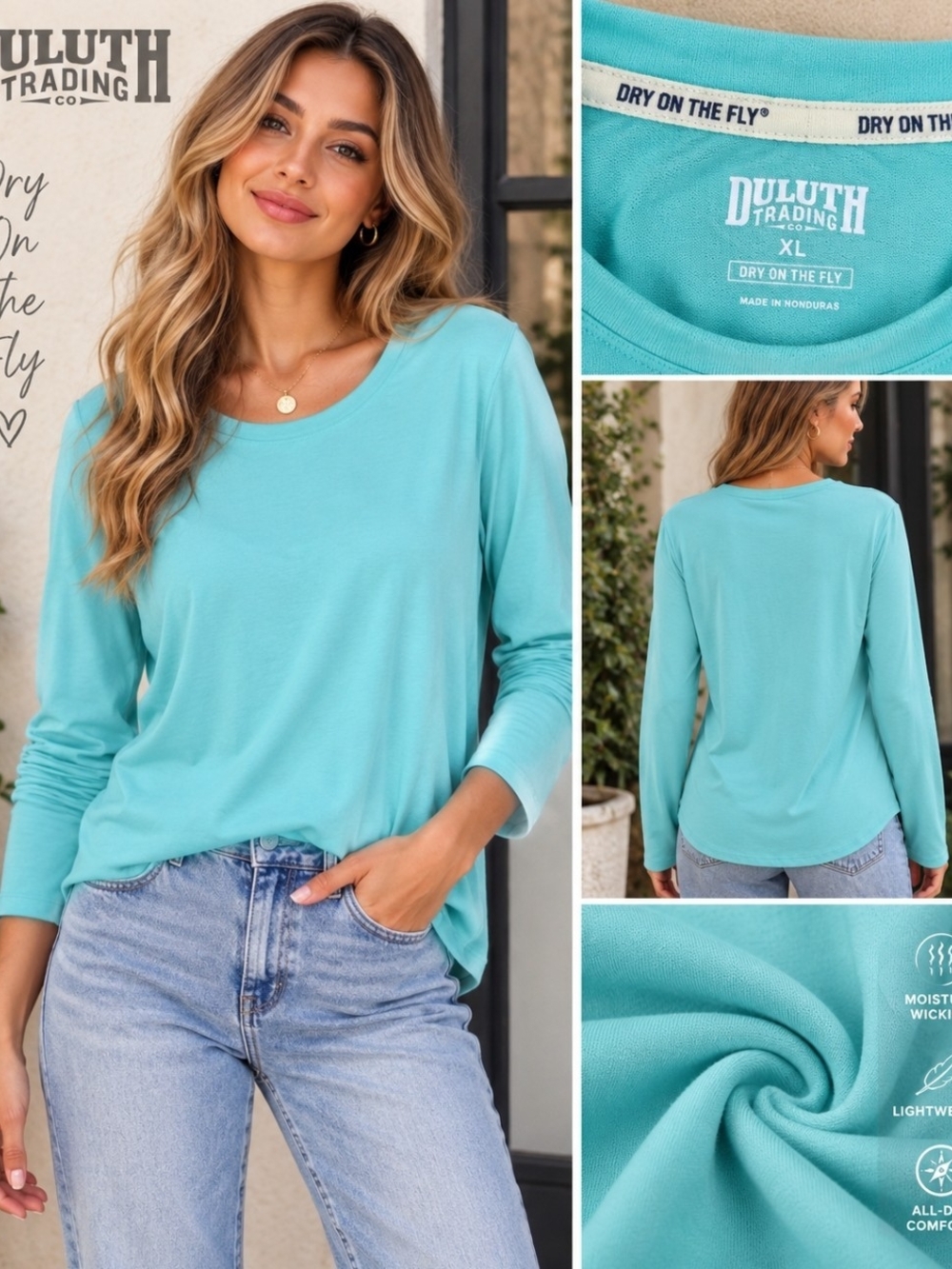 Duluth Trading Dry on the Fly Long Sleeve Top Aqua Blue XL